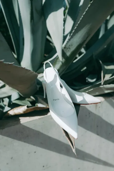 Bridal shoes, white wedding heels with slingback straps and pointed toes, resting on sunlit concrete steps beside an agave plant