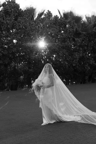 Bridal portrait of a bride with long veil, wearing a lace-trimmed veil, on a sunlit lawn framed by palm trees and a garden hedge.