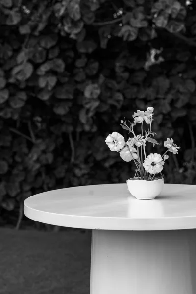 Floral centerpiece, a bud vase centerpiece in a ceramic vase, set before a garden hedge and grass lawn.