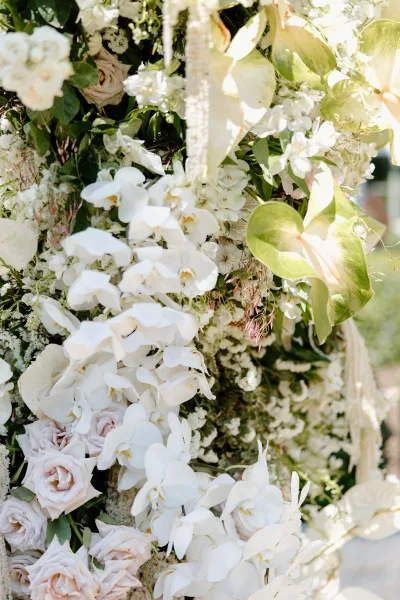 Wedding floral arch with ceremony arch flowers, cascading white orchids, blush roses, and greenery with a hanging ribbon in soft garden light
