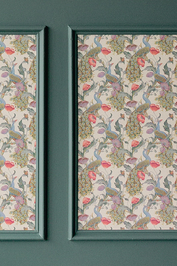 Patterned wallpaper with peacock wallpaper motifs and floral birds in framed panels, set on a green wall with painted trim