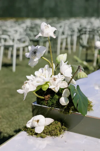 Wedding floral arrangement of white blooms and green leaves on a mirrored pedestal with moss and lotus pods beside outdoor ceremony chairs