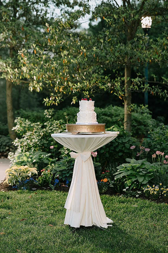 Wedding cake display featuring a three tier wedding cake topped with raspberries on a gold stand atop a linen-draped table in a garden setting