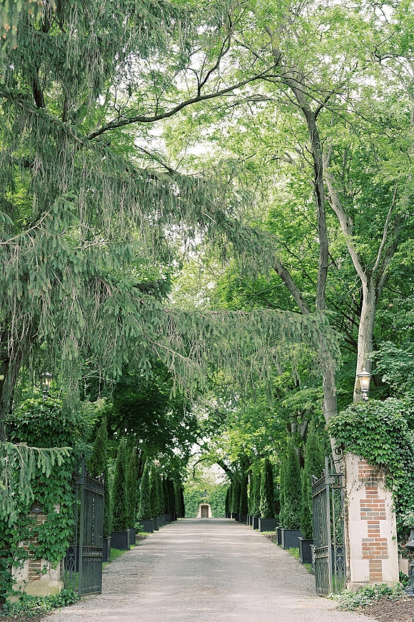 Garden entrance with wrought iron garden gates and ivy on brick pillars, leading to a gravel path beneath a tree canopy and hedges