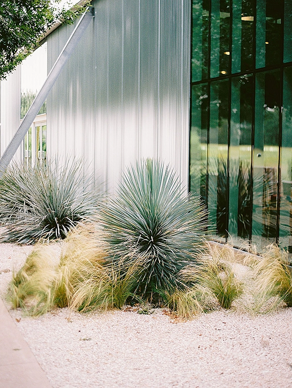 Modern venue exterior with ornamental grasses, gravel beds, and yucca plants beside metal siding and glass windows reflecting trees and lawn