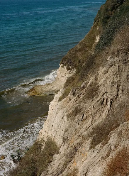 Coastal cliff scenery with rocky seaside cliffs and windswept shrubs overlooking rolling waves and a distant ocean shoreline