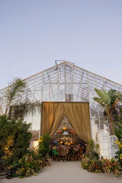 Greenhouse wedding reception with draped fabric entrance, string lights and disco ball glowing over banquet tables amid tropical palms outside