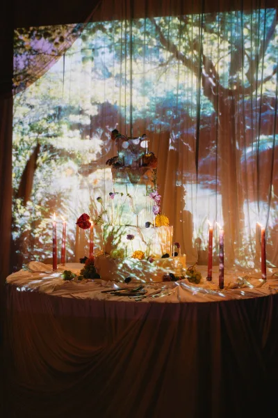 Wedding cake, a tiered wedding cake with buttercream and drip icing, adorned with fresh flowers, set before a curtain and projected nature scene.