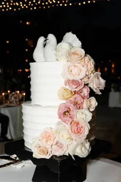 Wedding cake with smooth white buttercream frosting, blush and cream sugar flower cascade and dove topper on a stand under bistro lights