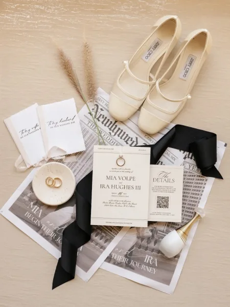 Wedding invitation suite with black and white wedding invitations, rings, ribbon, perfume and bridal shoes on neutral fabric with newspaper backdrop