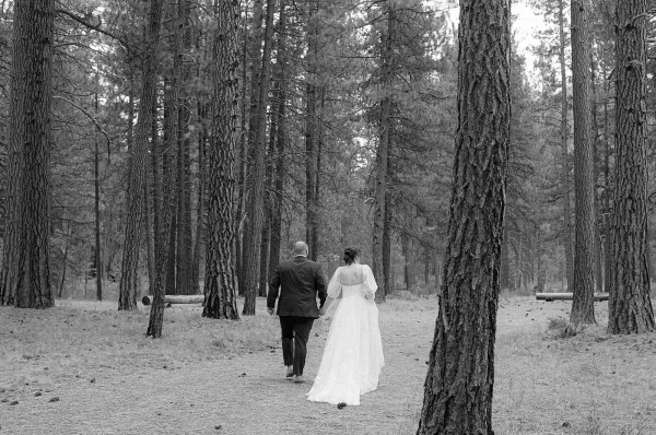 Couple portrait in a black and white wedding photo, bride and groom holding hands walking away on a pine forest path, veil flowing