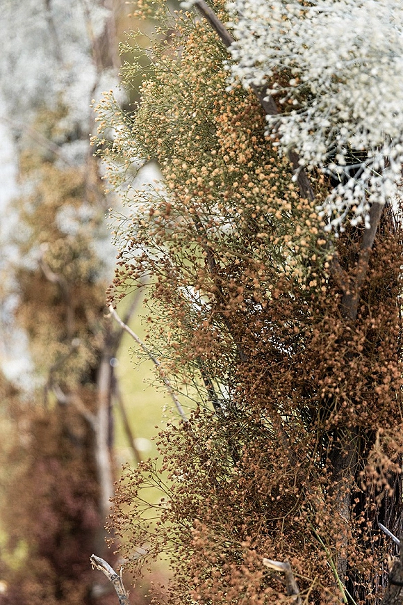 Dried floral arch with dried flower wedding arch details of baby's breath and foliage on a wooden frame in a sunlit field