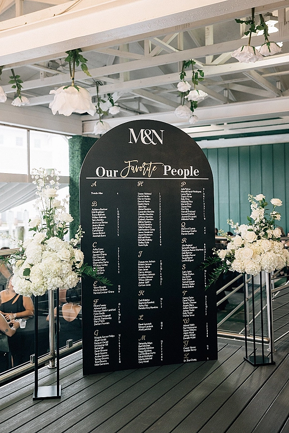 Wedding seating chart on an arched seating chart sign with white lettering, flanked by white flowers and greenery on acrylic stands in a bright indoor venue