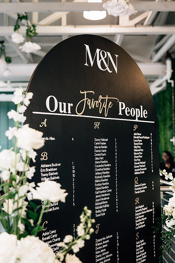 Wedding seating chart arched seating chart sign in black with white and gold lettering, framed by florals and greenery under paper lanterns indoors