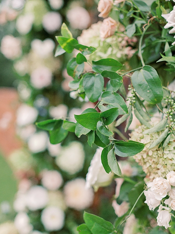 Wedding florals on a ceremony floral arch with blush and white roses, hydrangea blooms, and leafy vines against a soft garden blur