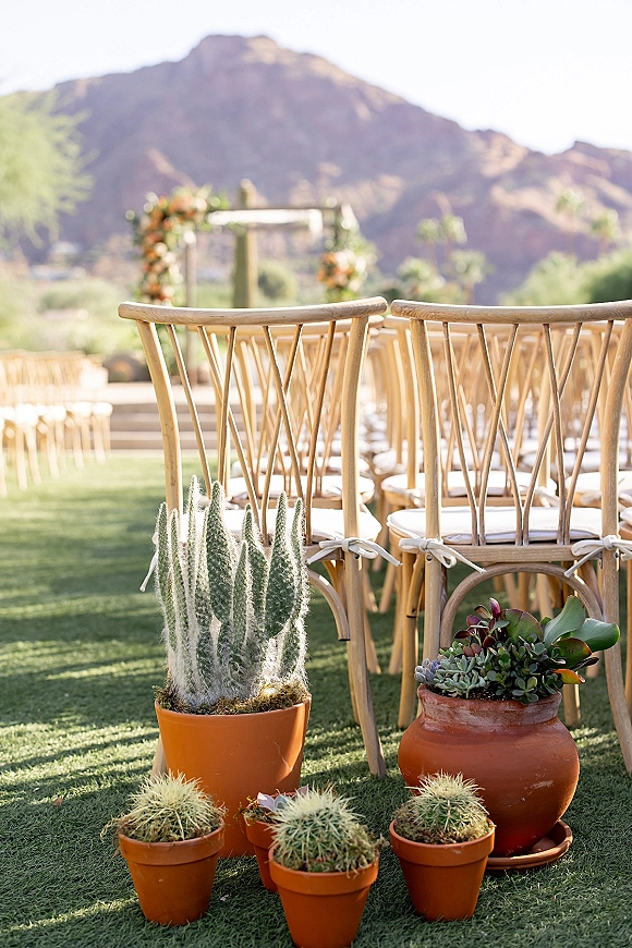 Ceremony aisle decor with wood chairs and terracotta potted cacti and succulents leading to a floral arch with mountain desert backdrop