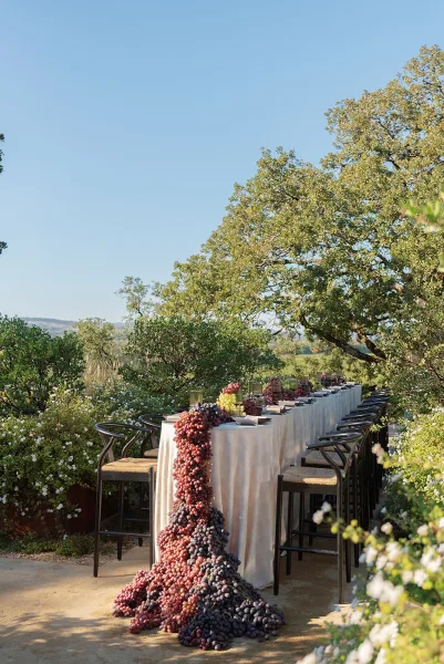 Reception tablescape on an outdoor banquet table with white linen, black chairs, grape garland, fruit centerpiece, and candlelit place settings on a patio