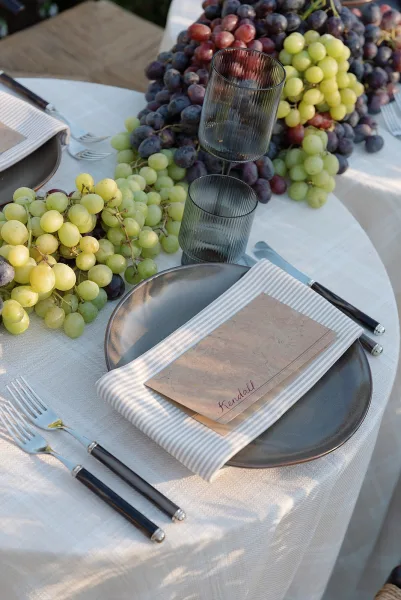 Reception place setting with gray plates, striped napkins, and smoked glass goblets, featuring menu and place cards on a white tablecloth outdoors