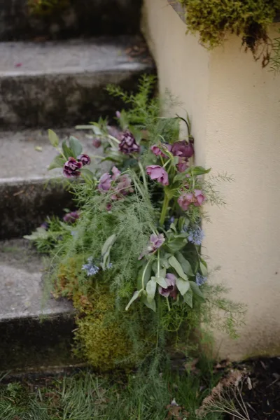 Wedding aisle florals with aisle ground flowers in purple blooms, greenery, and moss beside stone steps and a stucco garden wall