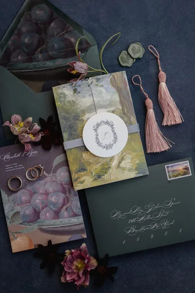 Wedding invitations suite with hand painted card, calligraphy addressed envelopes, wax seal and rings on a blue fabric backdrop with blush tassel