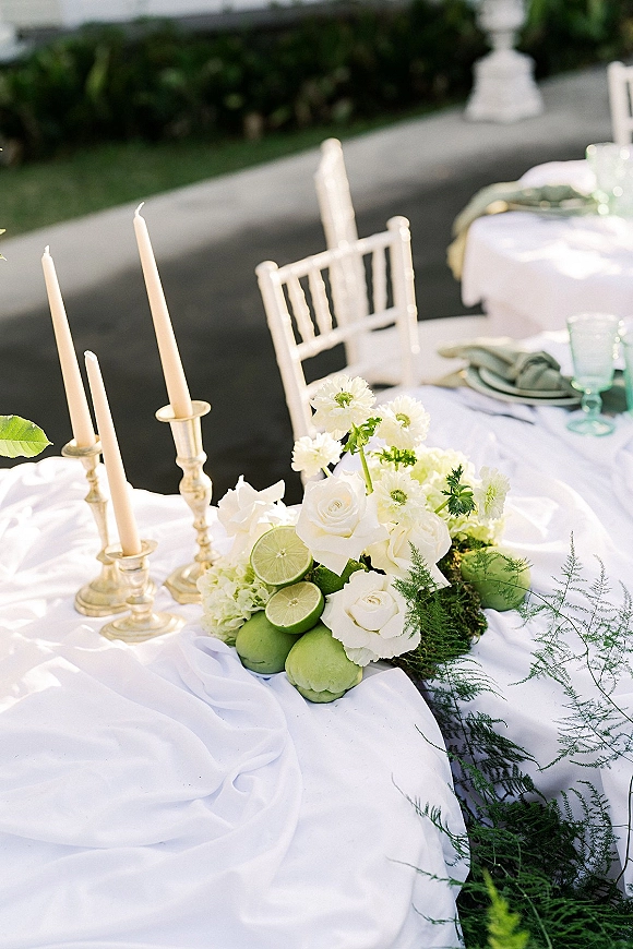 Reception tablescape with white and green tablescape details—white flowers, greenery garland, green apples, limes, and taper candles on lawn