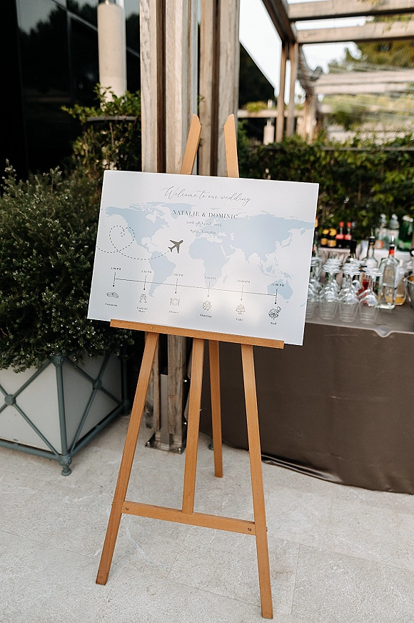 Wedding welcome sign on a wood easel with world map graphic and timeline icons, set by a bar on an outdoor patio with greenery