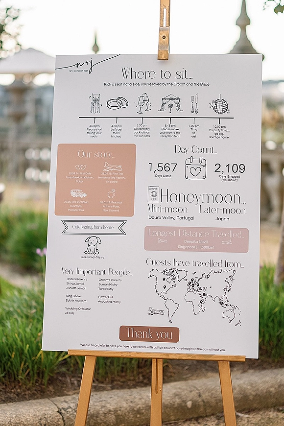 Wedding welcome sign with a seating reminder printed on a wooden easel, clipped with a clothespin in an outdoor garden setting.