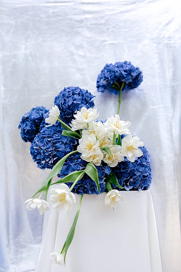 Wedding bouquet with blue hydrangea bouquet accents and white tulips on a white pedestal against a white fabric backdrop