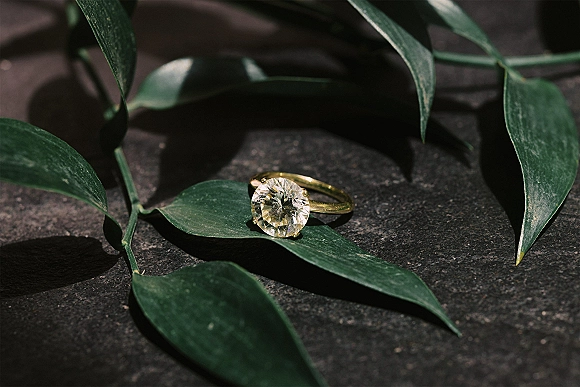 Engagement ring with round cut engagement ring diamond on a gold band, resting on greenery leaves atop a dark stone surface