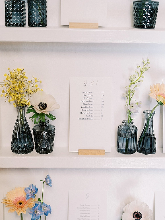 Wedding seating chart display with a printed card in a wooden holder, styled with blue glass vases and flowers on wall shelves