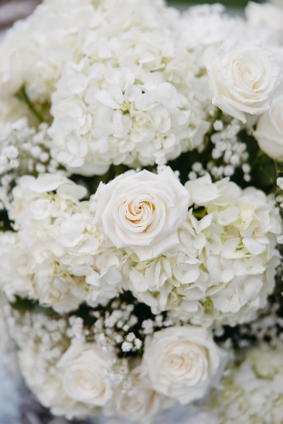 Bridal bouquet of white roses and hydrangea with baby's breath accents and greenery, photographed close up against blurred foliage