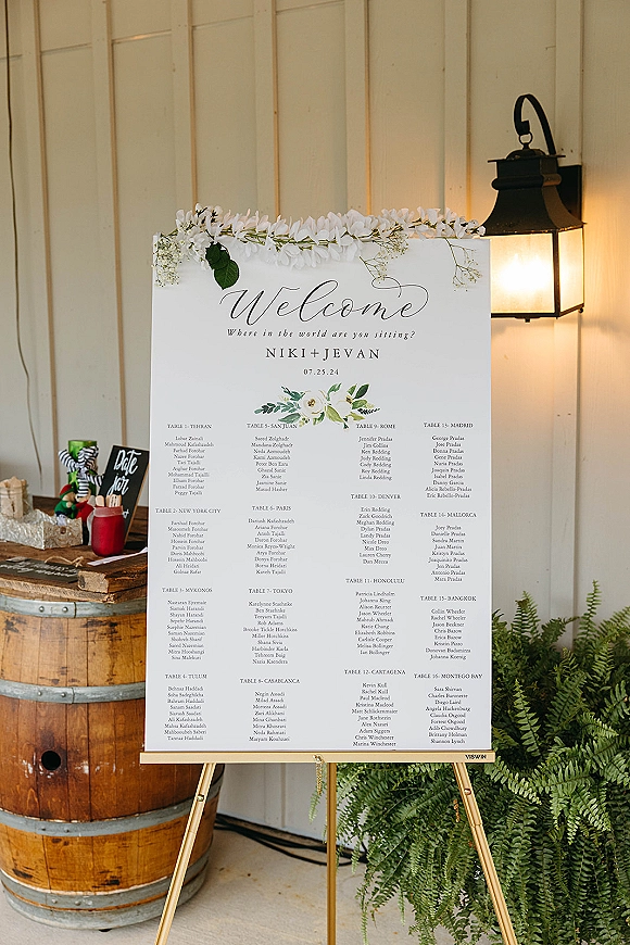 Wedding seating chart on a gold easel with floral garland greenery, lantern and rustic barrel decor against a white paneled wall