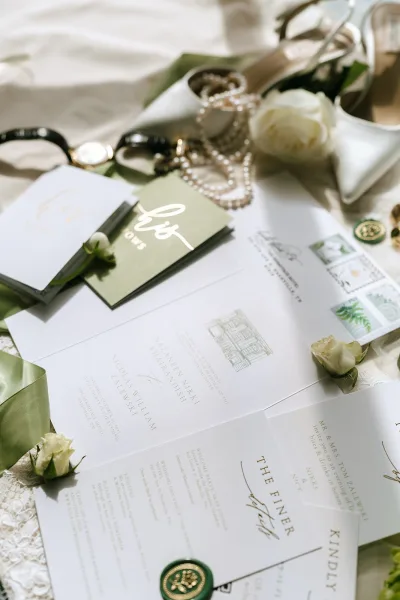 Wedding invitation suite featuring sage green wedding invitations with a wax seal on cream fabric and lace