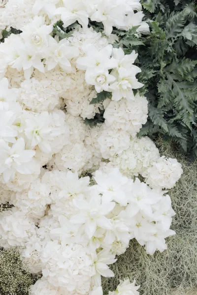 White wedding flowers cascade in a lush, textured display with trailing Spanish moss, creating a soft, monochrome backdrop.