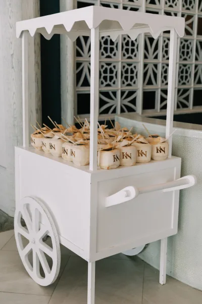 Coconut drink station on a white drink cart with monogrammed coconuts and stir sticks against patterned wall panels on tile floor