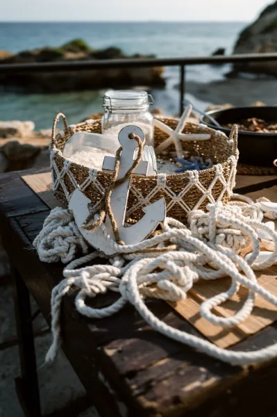 Nautical wedding decor for a beach wedding, centered on anchor decor, set by ocean water and a rocky shoreline.