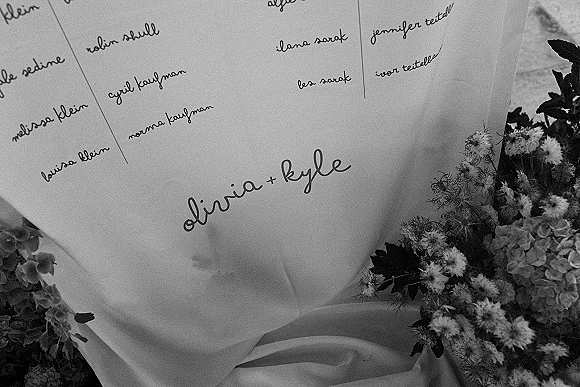Wedding seating chart with calligraphy seating chart names on paper, draped fabric, and hydrangea with baby’s breath against a neutral backdrop