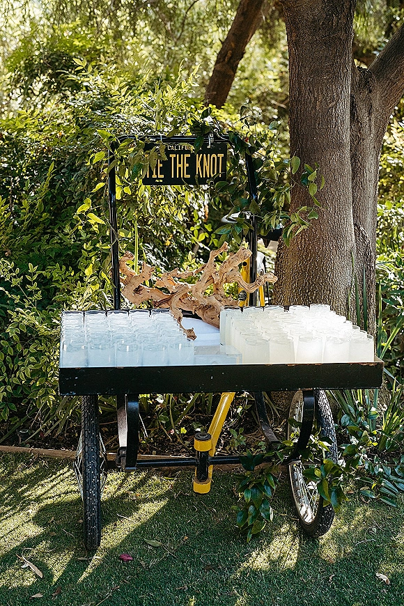 Wedding drink station with an outdoor wedding drink station cart, glass cups and greenery garland on a lawn in dappled garden light