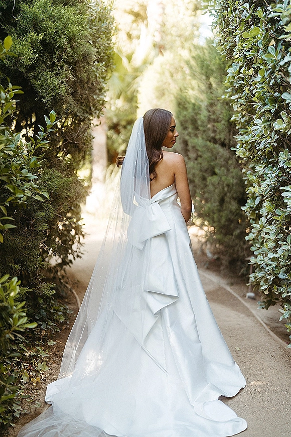 Bridal portrait in a backless wedding dress, bride looking over her shoulder with a long veil, bow and train on a sunlit garden path
