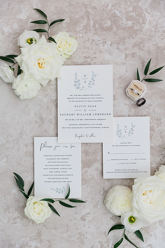 Invitation suite wedding invitation flat lay with RSVP and details cards, white roses and greenery, rings and ring box on textured fabric backdrop