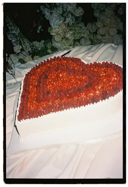 Wedding cake with raspberry wedding cake pattern, white frosting and piped border, set beside champagne flutes on a dark reception table