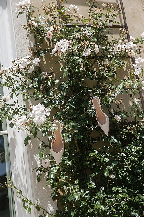 Bridal shoes, white slingback heels perched on a ladder with climbing rose vine and white roses against a sunlit stucco wall
