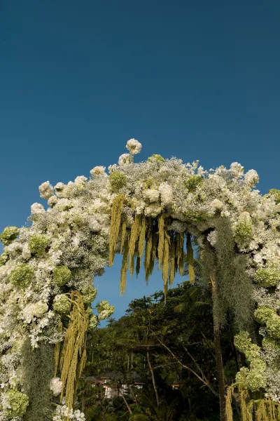 Floral wedding arch lush with hydrangeas, creating a hydrangea ceremony arch beneath a blue sky framed by palm trees.