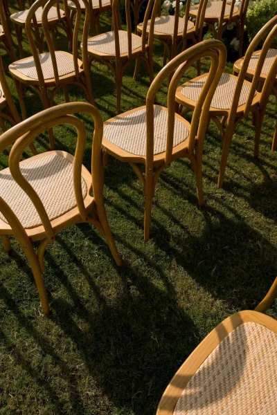 Ceremony seating with bentwood wedding chairs and cane seats set on a grass lawn framed by garden greenery.