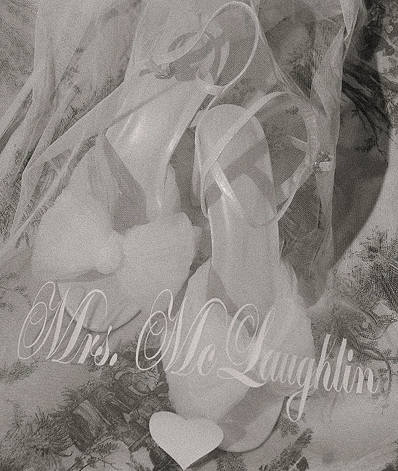 Wedding shoes and bridal heels in white satin with ribbon ties beside a sheer veil featuring script lettering on lace tulle