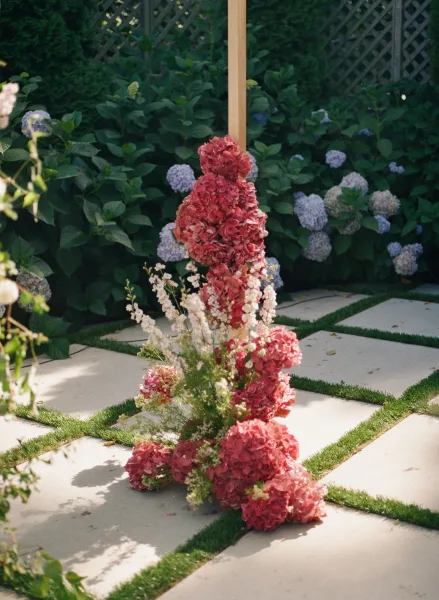 Ceremony floral arrangement of pink hydrangeas as altar flowers in a garden with a lattice fence and stone pavers.