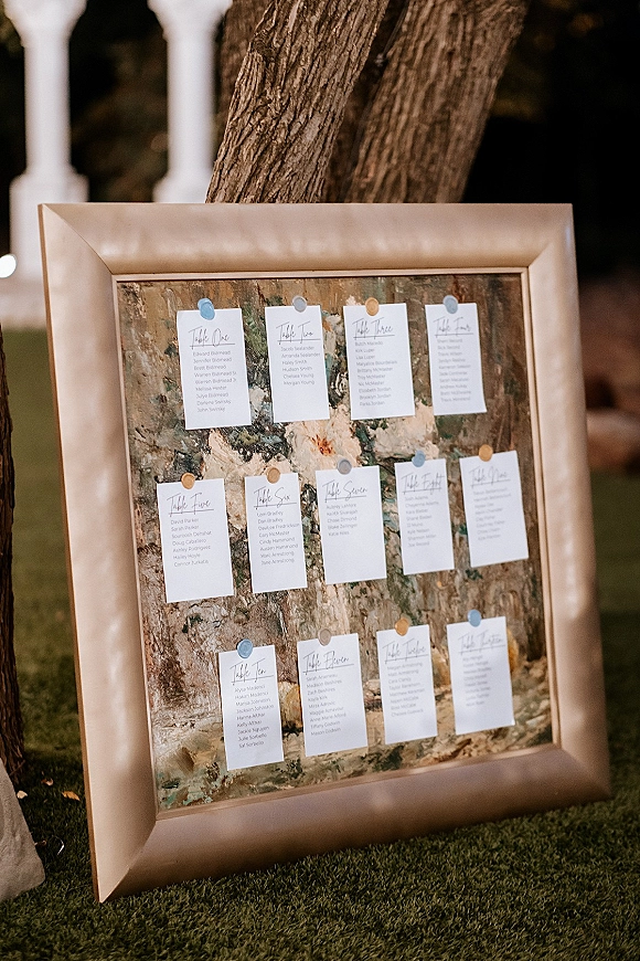 Wedding seating chart with escort card display, calligraphy cards pinned to a framed board on an easel beside a tree on the lawn