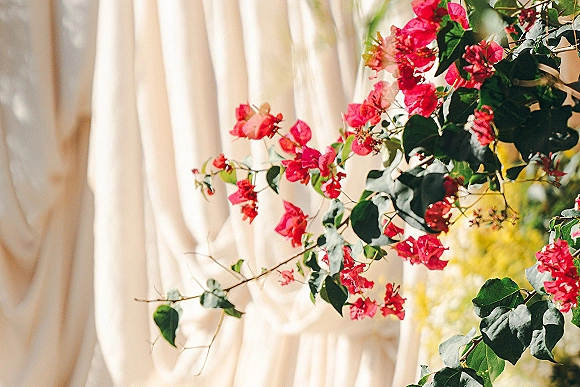 Wedding drapery decor with ceremony draping backdrop of white fabric, bougainvillea branches, and pink flowers in sunlit garden foliage