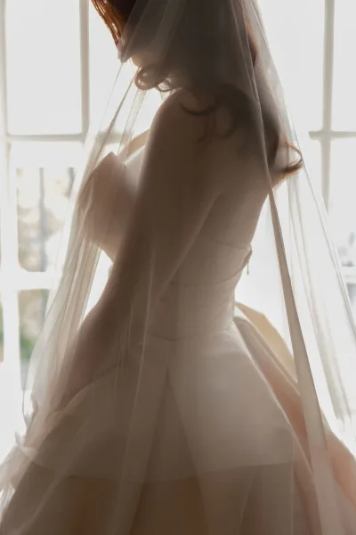 Bridal portrait of a bride wearing veil over her face in a strapless tulle skirt, softly backlit by window panes and light