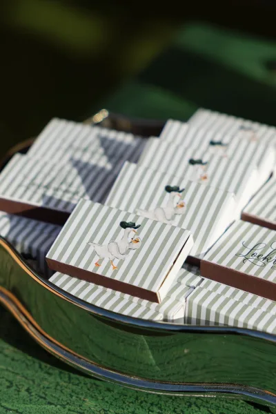Wedding favors in striped wedding favor boxes with illustrated animal motif and ribbon on a tray against green fabric and greenery bokeh